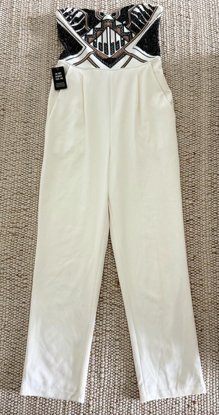 Express Tribal Sequin Bodice Strapless Wide Leg Jumpsuit Ivory Size 2 NWT